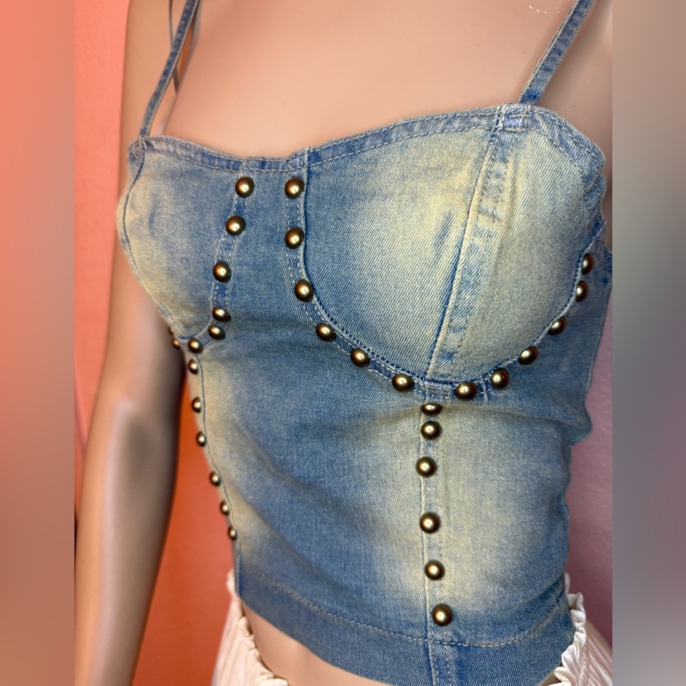 Fashion Nova Aliya Studded Denim Corset Crop Top Light Wash Festival